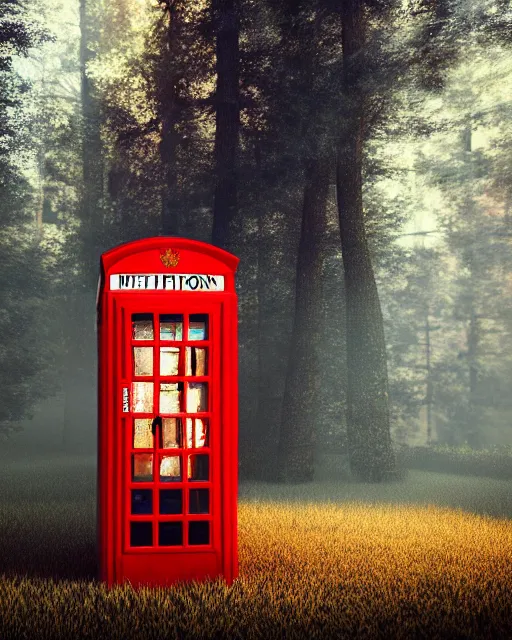 Image similar to bill and ted phone booth in the woods, hyper realism, cinematic, volumetric lighting, octane render, unreal engine, 8 k, concept art, digital art, deviantart artstation,