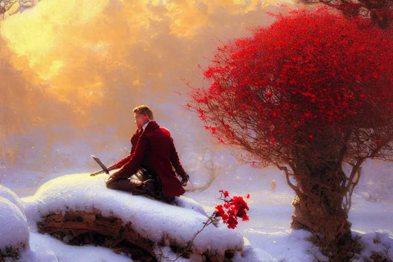 Image similar to winter, a clean - shaven white businessman relaxing under a world tree with red flowers, ground covered with snow, extreme long shot, fantasy, painting by gaston bussiere, craig mullins, j. c. leyendecker, trending on artstation