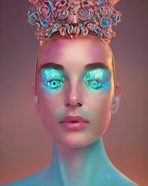 Image similar to natural light, soft focus portrait of an android with soft synthetic pink skin, blue bioluminescent plastics, smooth shiny metal, elaborate ornate head piece, piercings, skin textures, by annie liebovotz, paul lehr