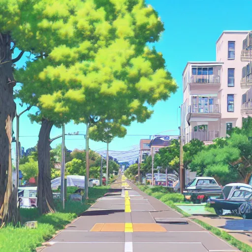 Image similar to neighborhood street, uptown street, golden hour, golden sunshine, trees over road, shining sun in distance, trees, juniper trees, oak trees, cars parked in street, long street, distance, cel - shaded, raytracing, cel - shading, toon - shading, 2 0 0 1 anime, flcl, jet set radio future, drawn by artgerm