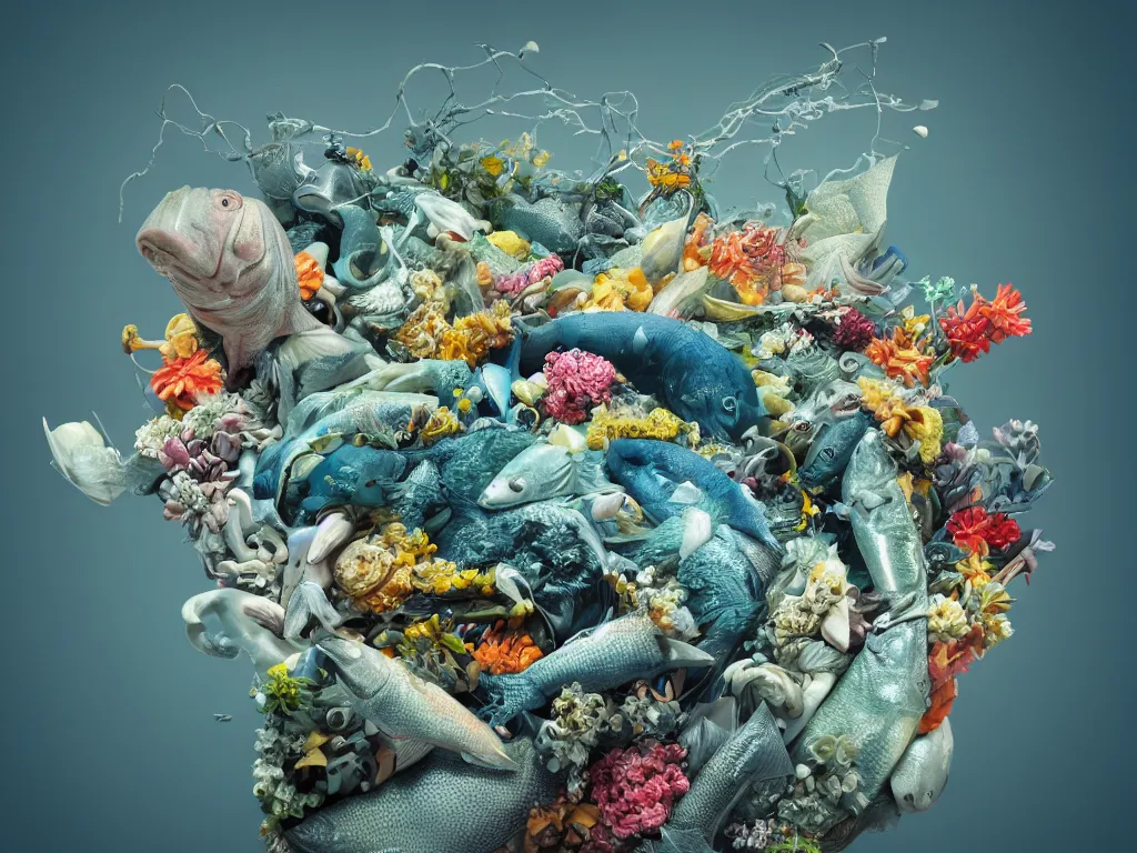 Prompt: a sculpture of fish ocean intertwined, a lovely cornucopia of flowers and human body parts, body parts, highly detailed, octane render, cinematic, shock, sharp focus, annular