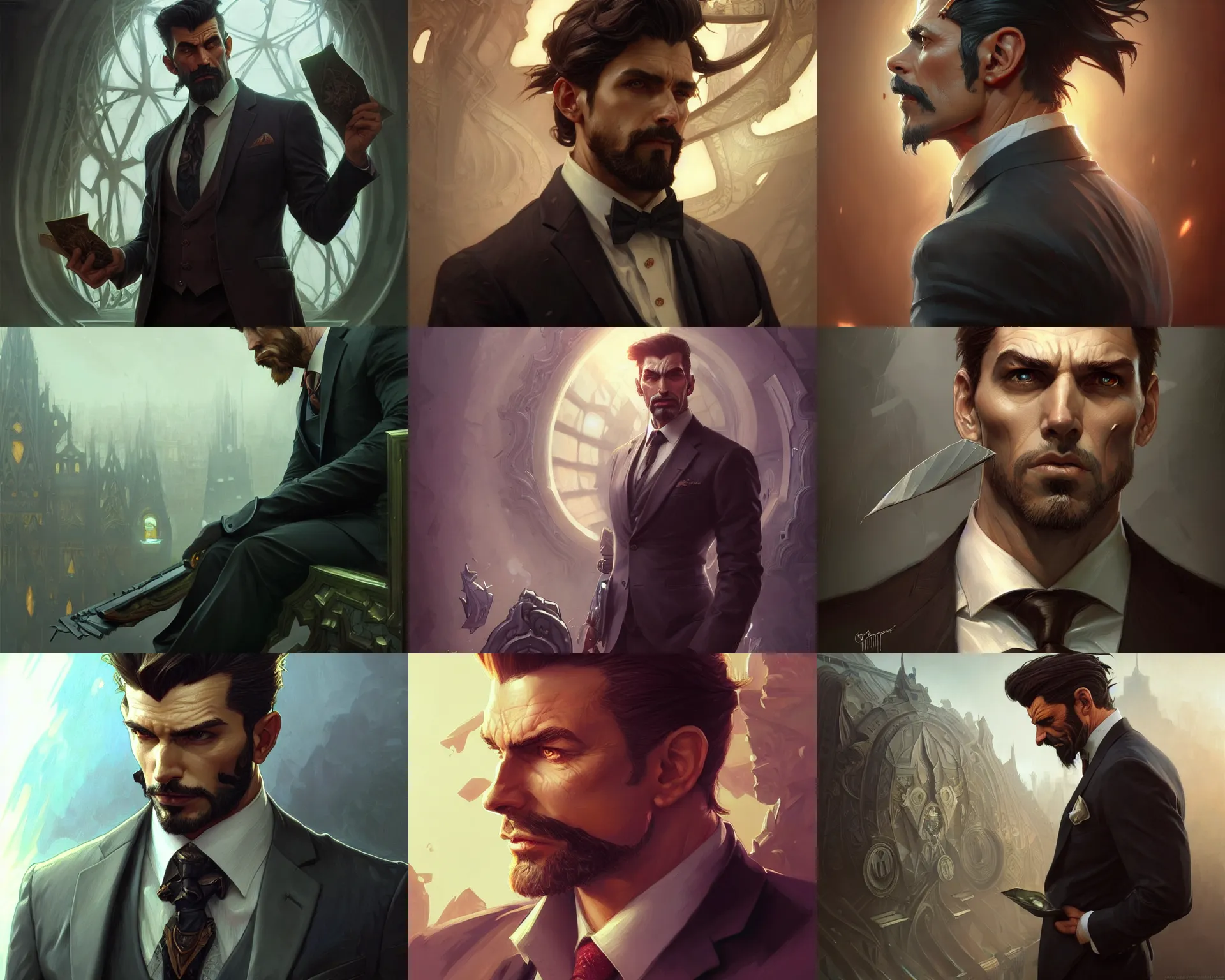 Image similar to handsome and brutal man in suit, deep focus, turnaround, fantasy, intricate, elegant, highly detailed, digital painting, artstation, concept art, matte, sharp focus, illustration, hearthstone, art by artgerm and greg rutkowski and alphonse mucha.