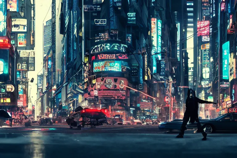 Prompt: cinematography of a busy cyberpunk city street by Emmanuel Lubezki