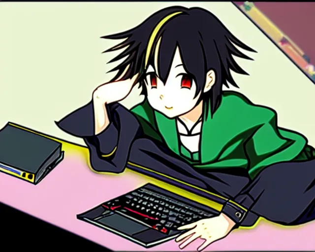 Image similar to chihiro! fujisaki, thinkpad!, coding time, room is rich, baroque, anime style