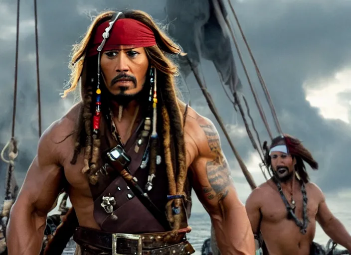 Image similar to film still of dwayne the rock johnson as captain jack sparrow in the new pirates of the carribean movie, 4 k