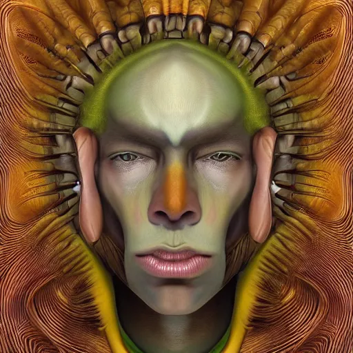 Image similar to a matte symmetrical portrait of Heitsi Eibib, the Mantis-headed god of the Khoisan tribe. He sits in the mouth of an enormous toad. Award winning surrealist portrait Painting by alex gray and android jones , Karol Bak, Ayami Kojima, Amano , concept art, character design, fantasy,3D, 8k resolution