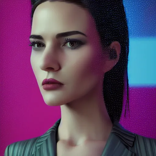 Image similar to stylish woman cartoon portrait made out of rain, pinstripe suit, cyberpunk background, rendered in octane, unreal engine, highly detailed, trending on artstation, realistic, neon, beautiful