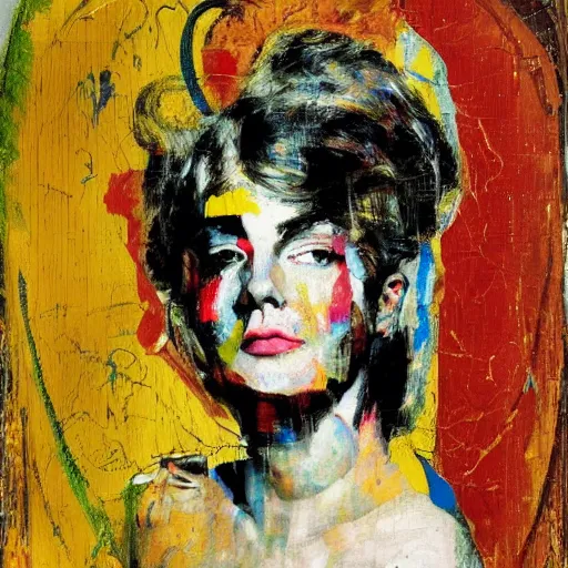 Prompt: portrait of a woman with long hair by mimmo rotella, colorful,