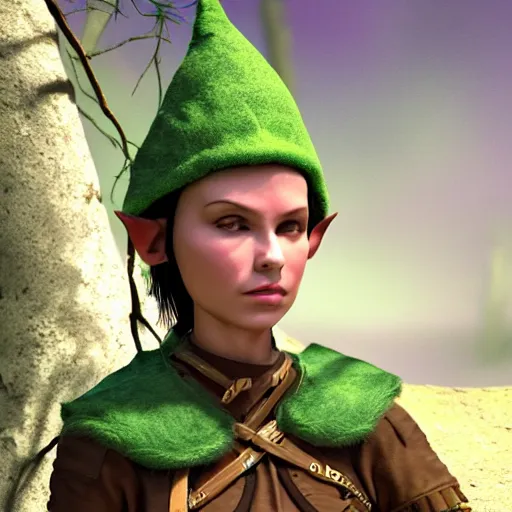 Prompt: anya charlota as a medieval fantasy elf, dark purplish hair tucked behind ears, wearing a green tunic with a fur lined collar and brown leather armor, wide, muscular build, scar across nose, one black, scaled arm, cinematic, character art, digital art, forest background, realistic. 8 k, 3 d render.