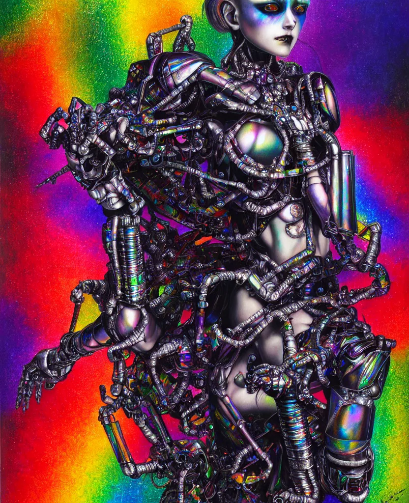 Image similar to realistic detailed image of ultra wrathful rainbow diamond iridescent mega chromed female robot, depth perception, depth of field, action horror by ayami kojima, neo - gothic, gothic, part by adrian ghenie and gerhard richter. art by hajime sorajama, masterpiece