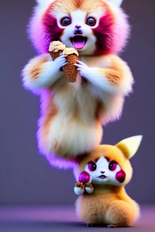 Prompt: high quality 3 d render hyperrealist very cute pastel fluffy! red panda & tarsier hybrid eating giant ice cream full body, vray smooth, in the style of detective pikachu, hannah yata charlie immer, dramatic pink light, low angle, uhd 8 k, sharp focus