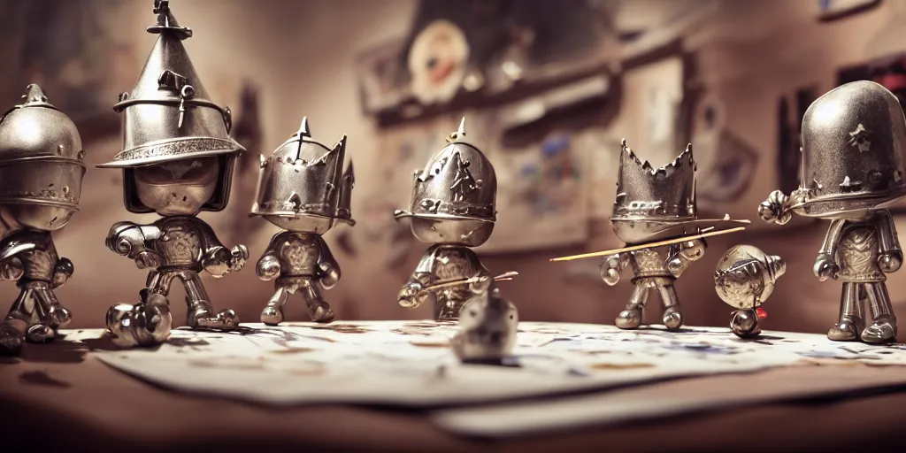 Prompt: closeup portrait of tin toy knights fighting on white paper table in an artist workshop, depth of field, zeiss lens, detailed, centered, fashion photoshoot, by nicoletta ceccoli, mark ryden, lostfish, breathtaking, 8 k resolution, extremely detailed, beautiful, establishing shot, artistic, hyperrealistic, octane render