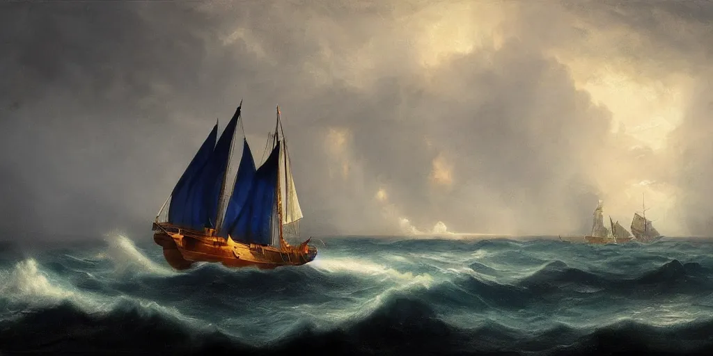 Image similar to a sail powered pirateship sailing through a powerful lighting storm, cliffs can be seen in the background, in the style of hudson river school, trending on art station, done in all blues