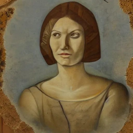 Image similar to fresco material portrait of a sad lady 2 7 years old, with wasp