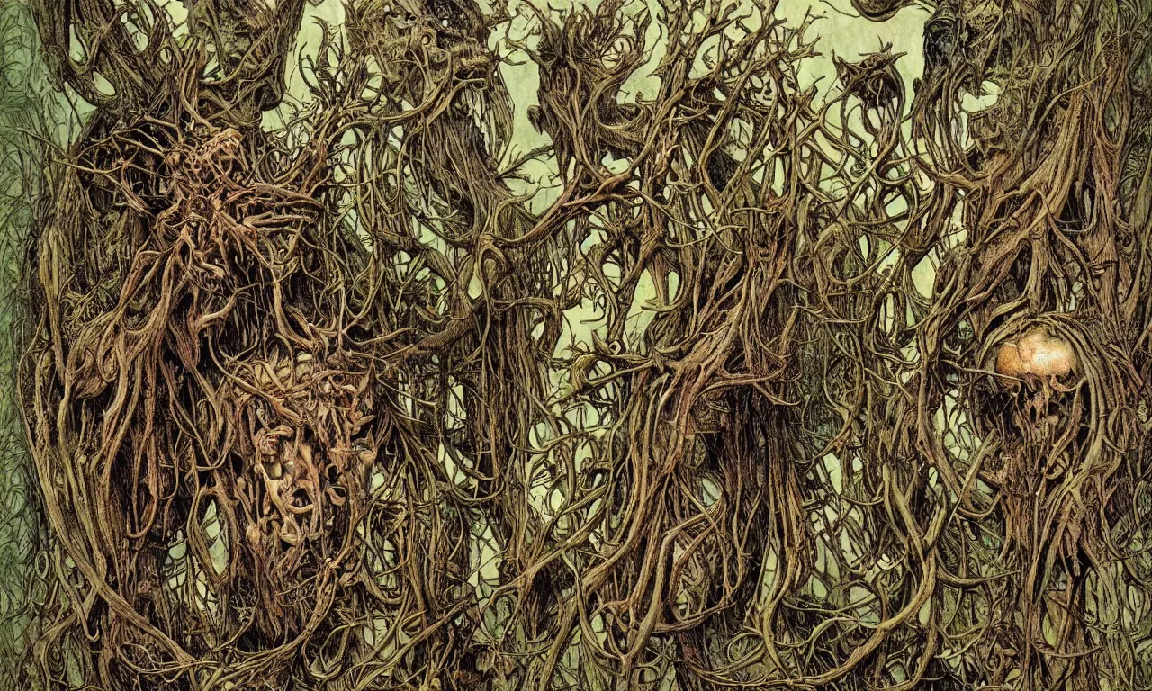 Image similar to hyperdetailed art nouveau portrait of treebeard and swamp thing as a cthulhu eyeball moose skull wendigo swamp thing creatures, by michael kaluta, pushead and bill sienkiewicz, photorealism, claws, skeleton, antlers, fangs, forest, wild, bizarre, scary, lynn varley, lovern kindzierski, steve oliff