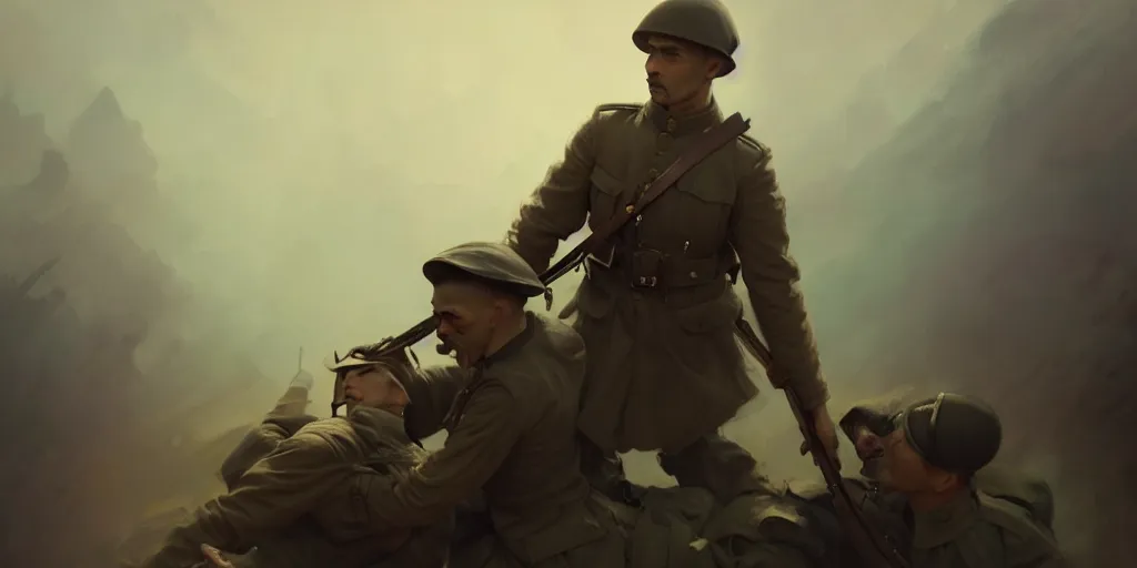 Prompt: male soldier from world war 1 holding his friends death body and crying on over it, extremely detailed digital painting, in the style of fenghua zhong and ruan jia and jeremy lipking and peter mohrbacher, mystical colors, rim light, beautiful lighting, 8 k, stunning scene, raytracing, octane, trending on artstation