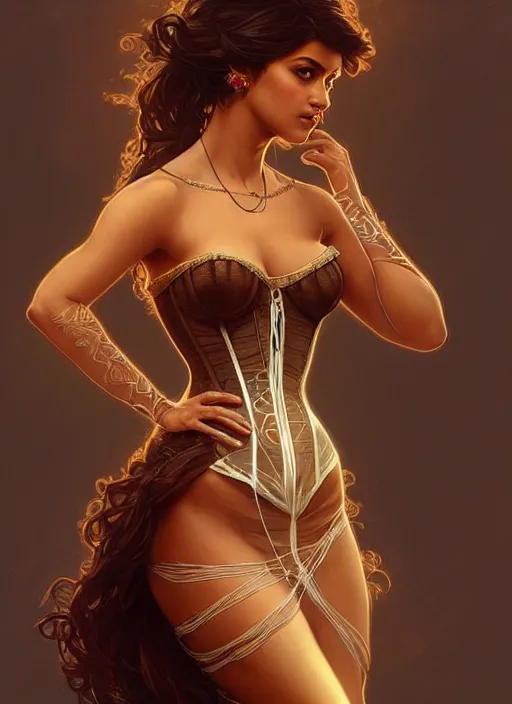 Image similar to cute brown woman wearing a translucent corset dress, fantasy, intricate, highly detailed, digital painting, artstation, concept art, wallpaper, smooth, sharp focus, illustration, art by artgerm and greg rutkowski and alphonse mucha