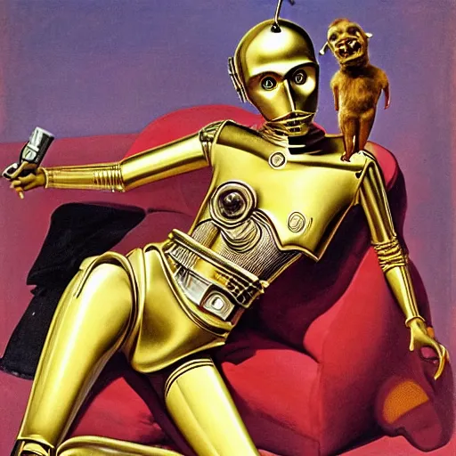 Image similar to a reclining c3po with a smiling female human face by Gil Elvgren, holding a smoking ray-gun, full body