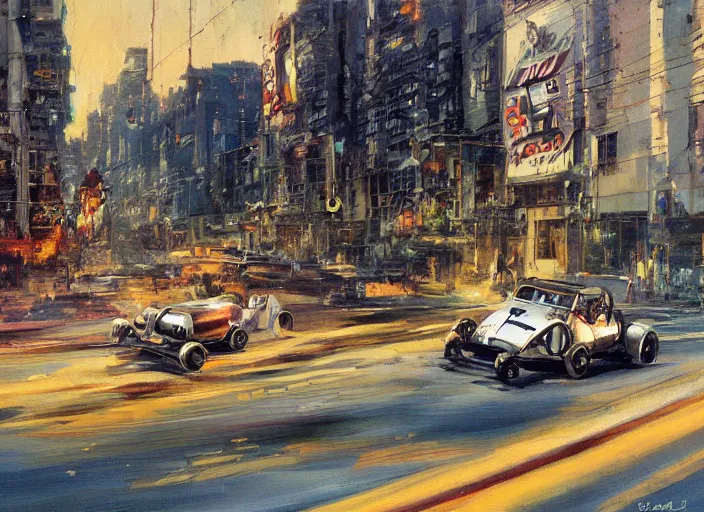 Image similar to hotrods driving down a street , vintage, high detail, golden hour, 8K, by John Berkey