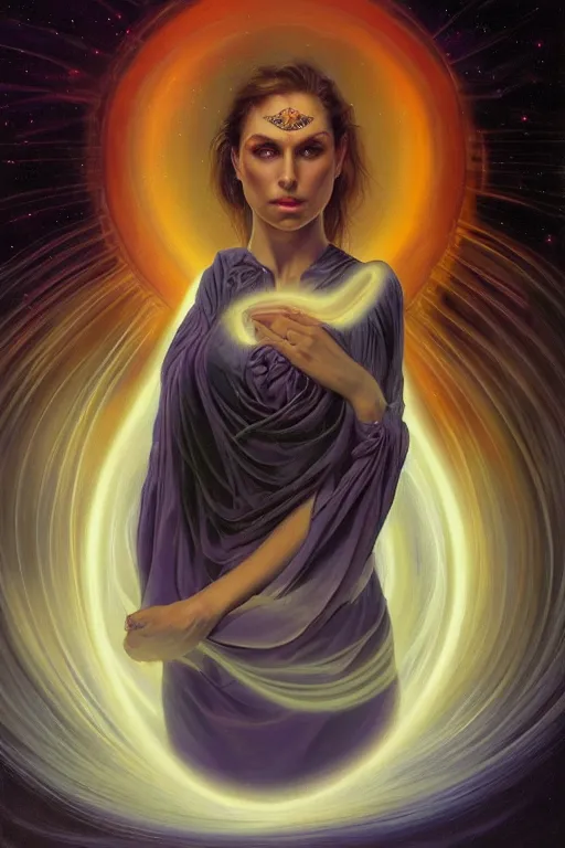 Prompt: gorgeous psychic woman, opening third eye chakra, dark theme night time, expanding electric energy waves into the ethereal realm, epic surrealism 8k oil painting, portrait, perspective, high definition, post modernist layering, by Sophie Anderson, Gerald Brom