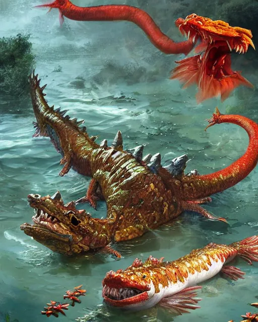 Image similar to game character beautiful giant kaiju sized pond dragon half fish half salamander, wet amphibious skin, red salamander, axolotl creature, koi pond, korean village by Ruan Jia and Gil Elvgren, fullbody