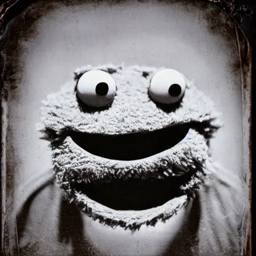 Prompt: creepy cookie monster, with evil grin, tintype, realistic.