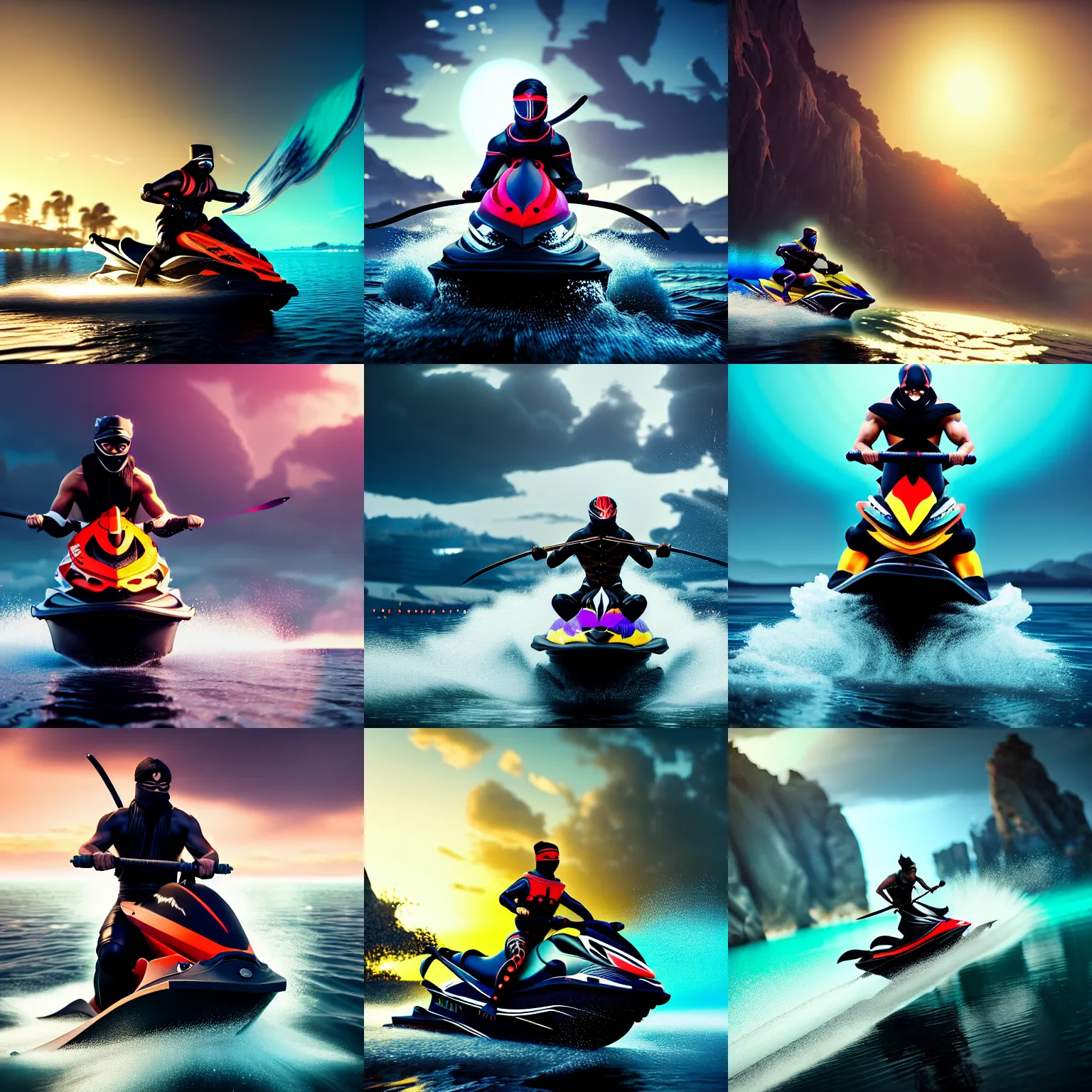 Prompt: a full body painting of a [ ninja riding jetski ] [ katana on his back ], intricate, epic lighting, cinematic composition, hyper realistic, 8 k resolution, unreal engine 5, by artgerm, tooth wu, dan mumford, beeple, wlop, rossdraws, james jean, andrei riabovitchev, artstation