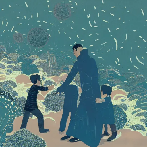 Image similar to a son imitate his father, illustration by victo ngai