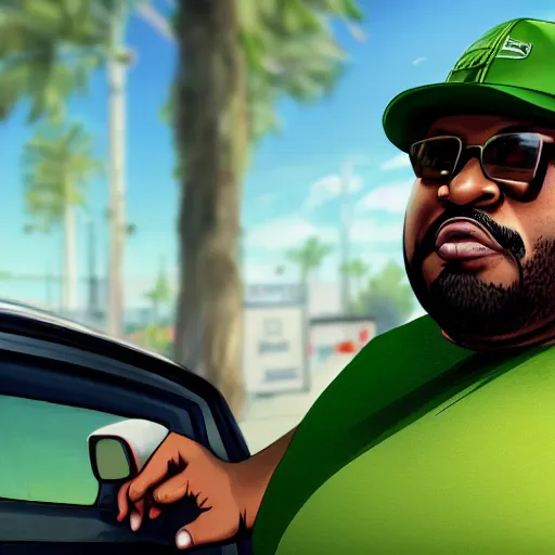 Image similar to hyper detailed digital painting of fat big smoke from gta : san andreas wearing a green fedora and green shirt in a car ordering food at a drive - thru, exaggerated expression, sunlight rays peering through, trending on artstation, intricate, smooth, sharp focus, beautiful shadows and lighting, studio quality, octane render, 8 k