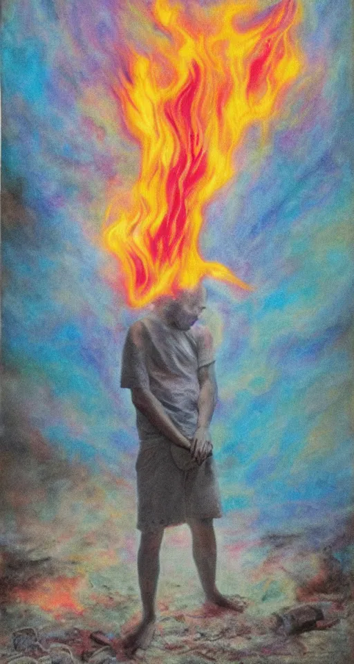 Image similar to the dream breaks apart into the apocalypse, pastels turning into flames