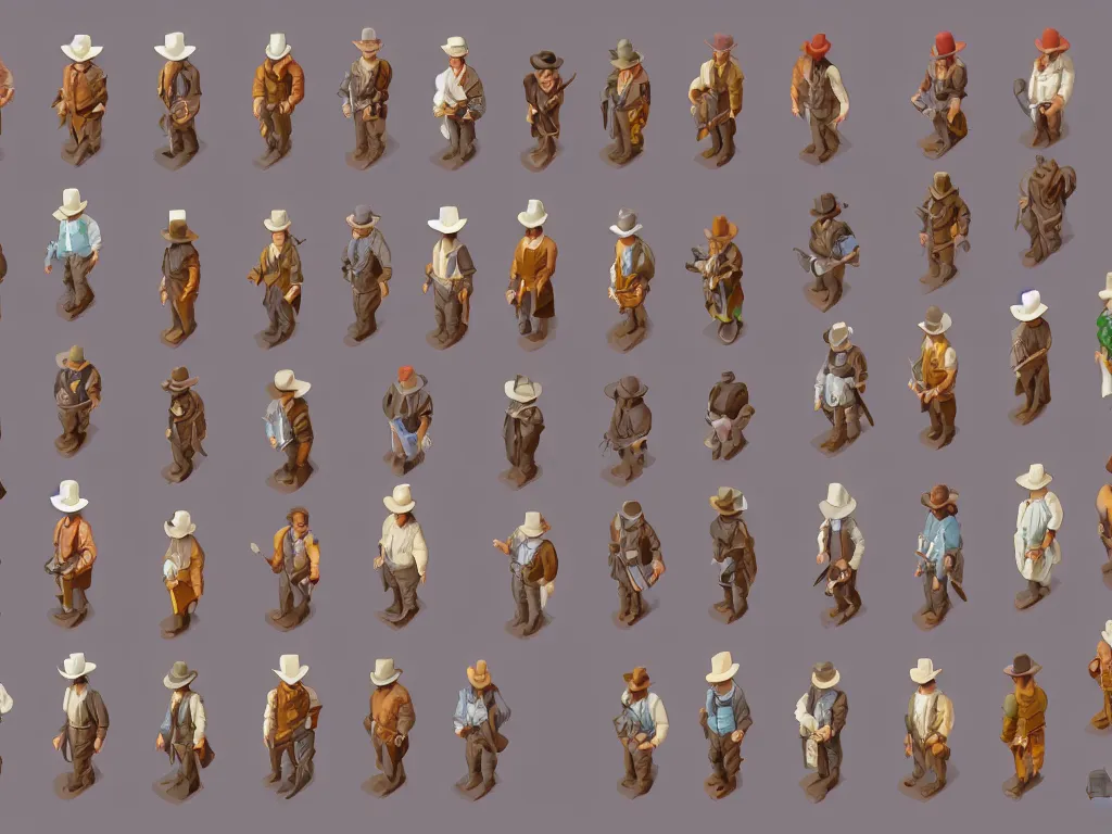 Prompt: isometric sprite sheet of detailed western npc! smooth, 8 k, gouache, kitbash, centered, white background