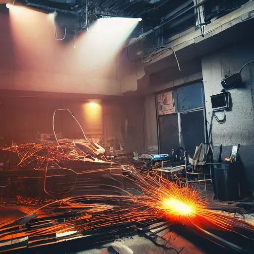 Image similar to pocket calculator, tangles of metallic cables, dark messy smoke - filled cluttered workshop, dark, dramatic lighting, orange tint, sparks, plasma charges, cinematic, highly detailed, sci - fi, futuristic, movie still