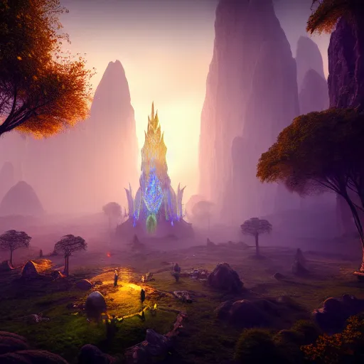 Image similar to inside a ethereal magical elven city, 8k, HDR, award-winning, landscape, trending on, artstation, smooth, sharp focus, super resolution, cgsociety, cinematic, volumetric lighting