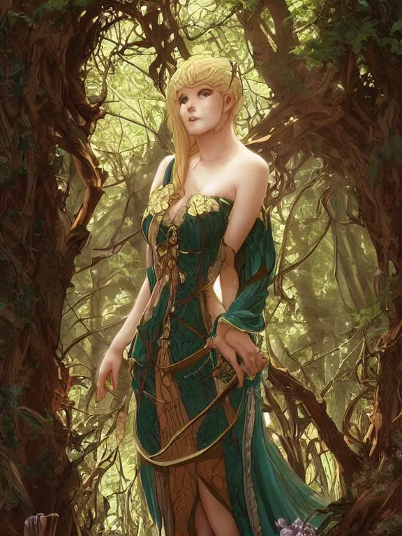 Image similar to anime key visual of amora the enchantress wearing a medieval gown!! intricate, magical forest, stunning, highly detailed, digital painting, artstation, smooth, hard focus, illustration, art by artgerm and greg rutkowski and alphonse mucha