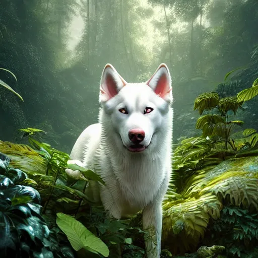 Image similar to white alaskan husky creature creature in a lush vegetation, warm tones, bioluminescent translucent : : by michal karcz, daniel merriam, victo ngai and guillermo del toro : : ornate, dynamic, particulate, intricate, elegant, highly detailed, centered, artstation, smooth, sharp focus, octane render, 3 d