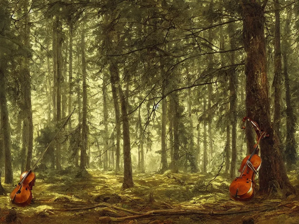 Prompt: forest scene with a single cello leaning on a tree, intricate, beautiful, highly detailed, elegant, artstation, concept art, smooth and sharp focus, illustration, painting by ivan shishkin and isaak ilyich levitan