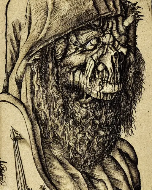 Image similar to orc, fine details, extremely detailed, black and white, very sharp, in the style of albrecht durer