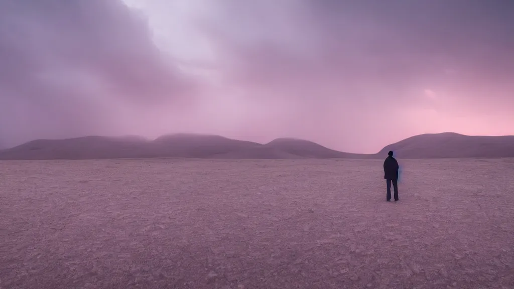 Image similar to a lone figure at the distance on soft glow pink desert with snow mountains and cloudy skies, purple fog, thunderstorms in the distance, long exposure, detailed, hyper realistic, photorealism, landscape, ultra wide angle view, peaceful, cinematic, volumetric lighting, god ray through clouds