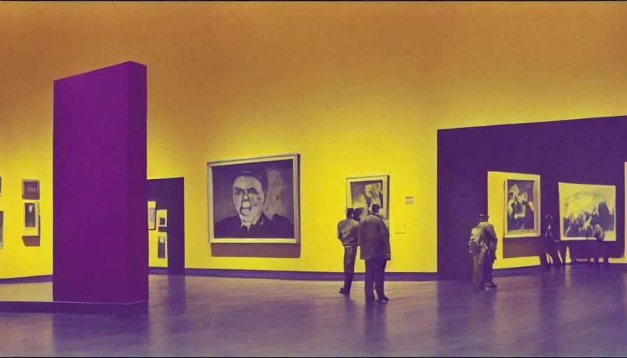 Image similar to 60s movie still of a sovietic stalinist style empty art museum with a soviet congress with yellow wall, by LOMOCHROME PURPLE FILM 100-400 35MM, liminal Space style, heavy grain