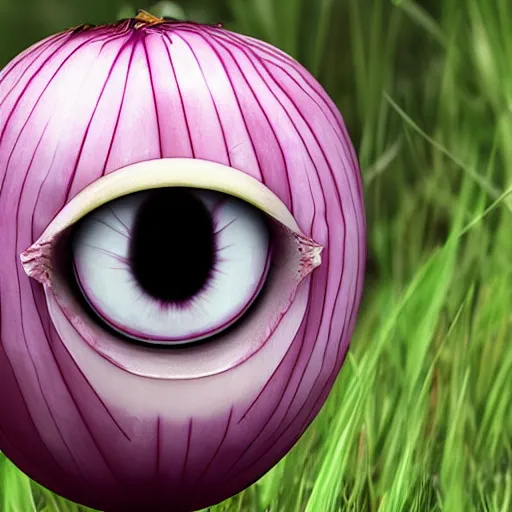 Prompt: a hyper realistic onion with an eye in the middle, edritch, horror, 4 k, photoreal