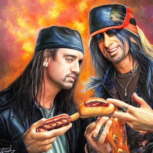 Image similar to portrait of brett michaels and criss angel sharing hotdogs, an oil painting by ross tran and thomas kincade