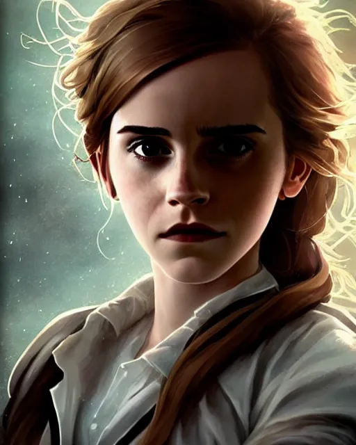 Prompt: Emma Watson as Hermione Granger, magnificent, medium shot, close up, details, sharp focus, elegant, highly detailed, illustration, by Jordan Grimmer and greg rutkowski and PiNe(パイネ) and 薯子Imoko and 香川悠作 and wlop!!!! and maya takamura, intricate, beautiful, Trending artstation, pixiv, digital Art
