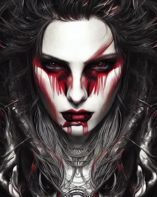 Prompt: brutal close up portrait intense vampire, flowing hair, highly detailed, very intricate, graphical errors, going gpu, art deco, chromatic aberration, harsh lighting, award - winning, unreal engine 5, illustration by mandy jurgens and alphonse mucha and yoji shinkawa, black and red only!!!, featured on artstation