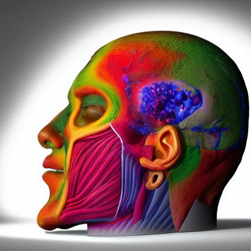 Prompt: insides of an opened human head turn into a huge coloured power explosion, hyperrealistic medical photo, anatomically correct, realistic textures + section model, 8 k,