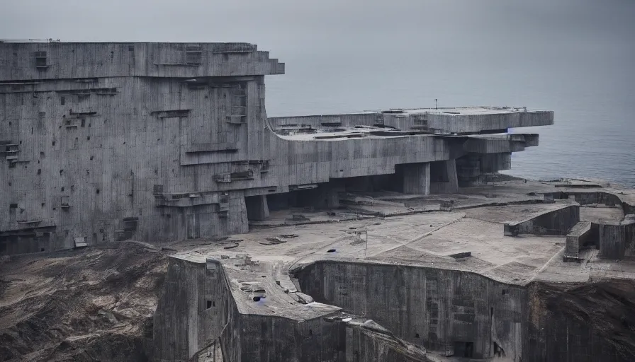 Image similar to big brutalist imperial military base on cliffs, drawing architecture,, greig fraser, very long shot, top angle, imperial architecture in rogue one, pritzker architecture prize, brutalism architecture, jan urschel