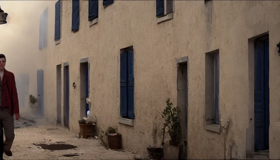 Prompt: movie still of nathan never in a french style townhouse who is burning in a small french village, heavy grain, high quality, high detail, dramatic light, anamorphic, flares