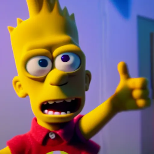 Image similar to film still of Bart Simpson in Monster Inc from Pixar, octane render, volumetric, raytracing, trending on artstation