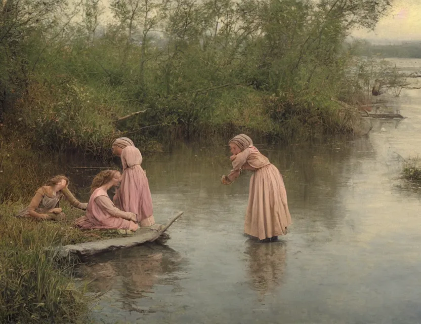 Prompt: peasant girls on a shore of river ivana kupala, midsommar, cottage core, cinematic focus, polaroid photo bleached vintage pastel colors high - key lighting, soft lights, foggy, by steve hanks, by lisa yuskavage, by serov valentin, by tarkovsky, 8 k render, detailed, oil on canvas