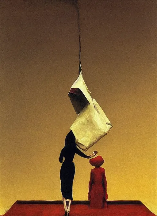 Image similar to woman flying with a paper bag over the head and a sward Edward Hopper and James Gilleard, Zdzislaw Beksinski, highly detailed
