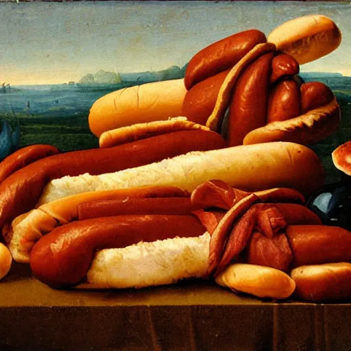 Prompt: pile of hotdogs dutch renaissance still life painting